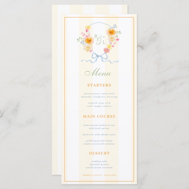 Yellow Stripes & Floral Crest Spring Wedding Menu (Frente/Verso)