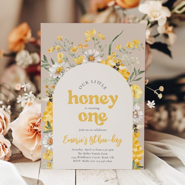 Yellow Wildflower Bee First Birthday Convite (Criador carregado)