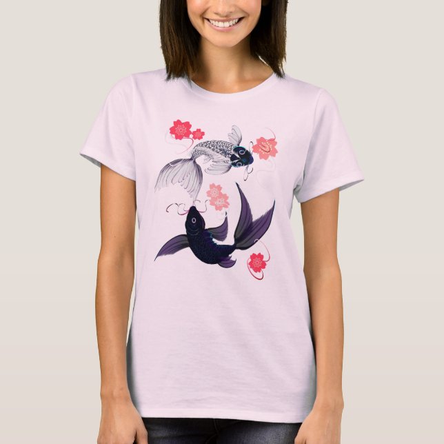 Yin e Yang Koi e t-shirt das flores de cerejeira (Frente)