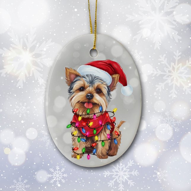 Yorkie em ornamento cerâmico à luz do Natal (Criador carregado)