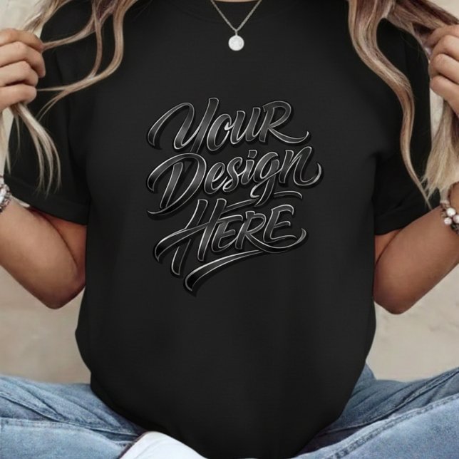 Your Design Here Bold Text Women's Black T-Shirt (Criador carregado)
