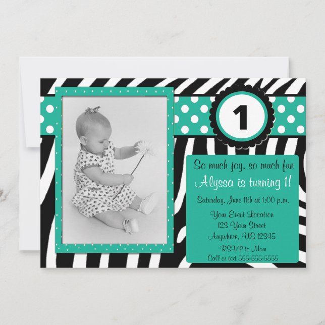 Zebra e Turquesa - Convite de Aniversário QUALQUER (Frente)
