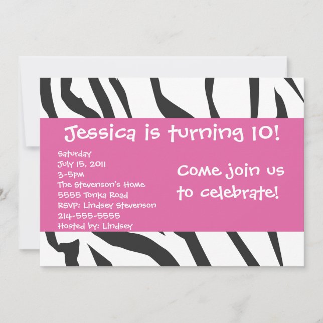 Zebra Imprime Com Convite De Aniversário Rosa (Frente)