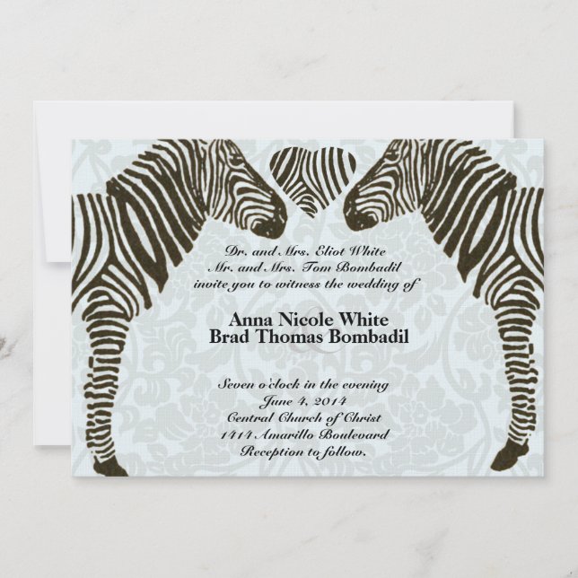 Zebra Love Blue Damask Style Convite De Casamento (Frente)
