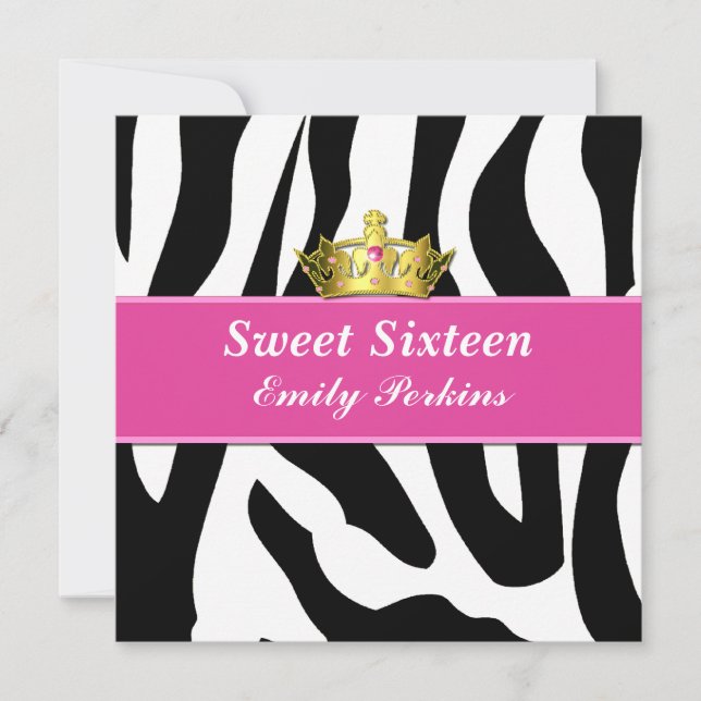 Zebra Print e Crown Sweet 16 Convite (Frente)