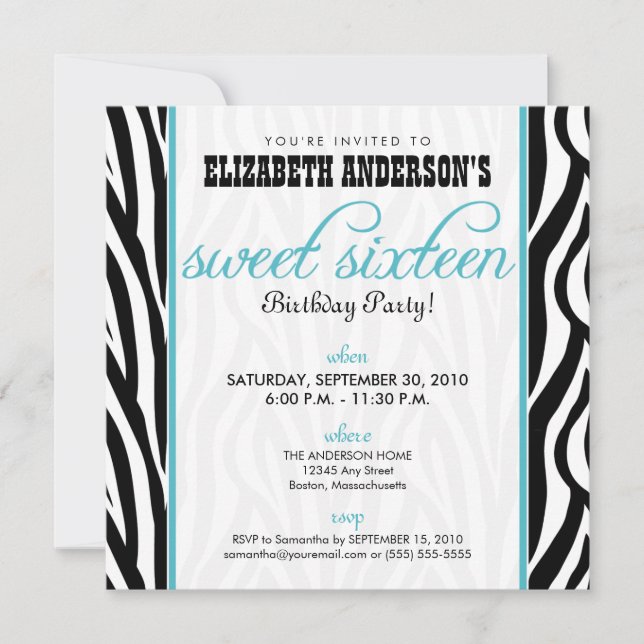 Zebra Print Sweet 16 Convite de festas (aqua) (Frente)