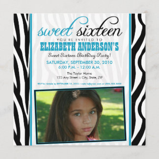 Zebra Print Sweet 16 Convite de festas (azul-aqua)