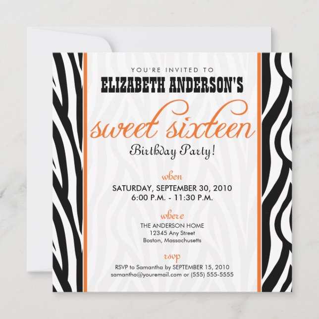 Zebra Print Sweet 16 Convite de festas (laranja) (Frente)