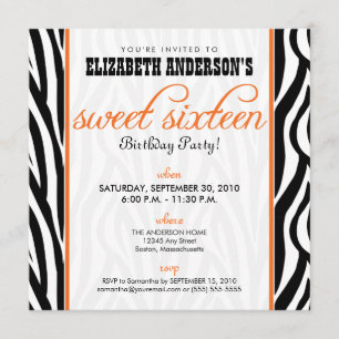 Zebra Print Sweet 16 Convite de festas (laranja)