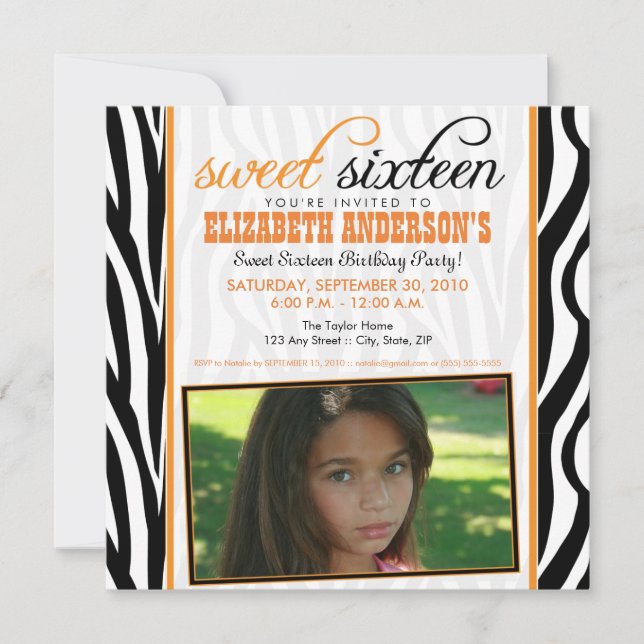 Zebra Print Sweet 16 Convite de festas (laranja) (Frente)