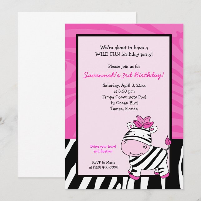 Zebra Rosa Stripe 5x7 Convite de Aniversário (Frente/Verso)