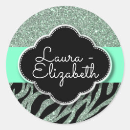 Zebra Teal Girly Glitter de Nome de etiqueta Duplo