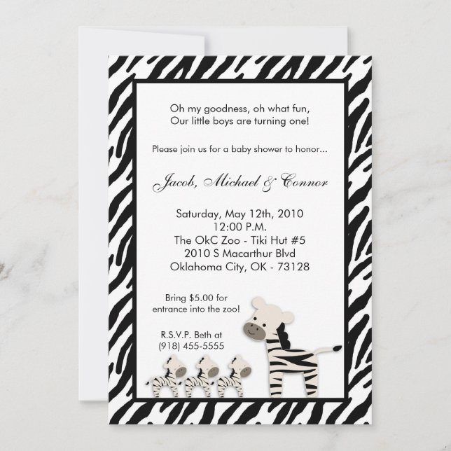 Zebra TRIPLETS Convite de aniversário bebê (Frente)