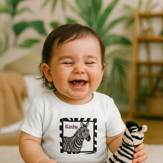 Zebra Zoo Baby Girl T-Shirt (Personalized tee with zebra toy perfect for playful toddlers in pink jeans and happy giggles!)