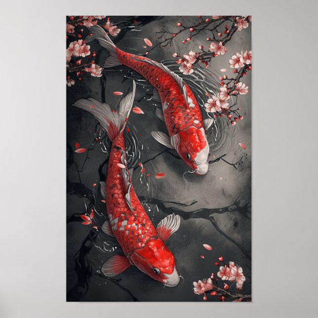 Zen Koi Fish e Cherry Blossoms Poster (Frente)
