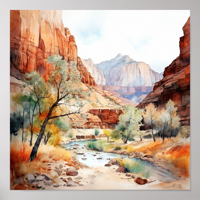 Zion National Park Watercolor Poster (Frente)