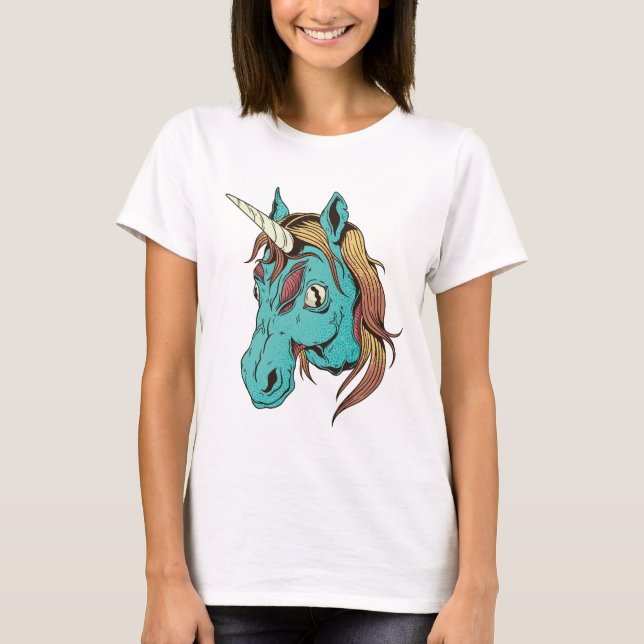 Zombie Blue Cartoon Unicorn T-Shirt (Frente)